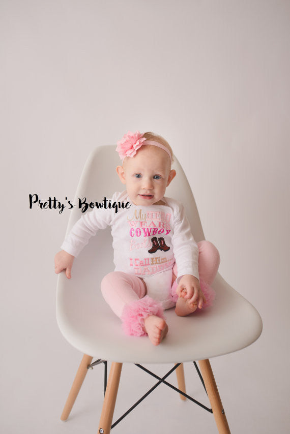 My Hero wears cowboy boots I call him daddy- bodysuit or t shirt, bow, and legwarmers -- Girls outfit - Pretty's Bowtique