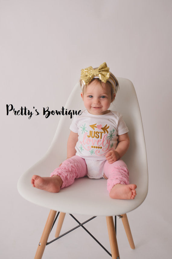 Pink and Gold Outfit for Baby Girls – Just Lovely Bodysuit with Pink Ruffle Legwarmers & Gold Bow Headband – Sizes Newborn to Youth XL - Pretty's Bowtique