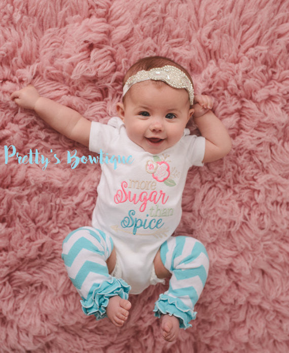More sugar than spice-- Girls bodysuit/shirt, bow, and legwarmers -- Girls outfit -- Vintage inspired outfit -- Crystal Headband -- - Pretty's Bowtique