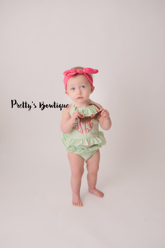 Girls Monogrammed Swimsuit -- Seersucker Bikini- Ruffled Baby Swimsuit --2 pc Girls- Monogrammed Bathing Suit-- 12M through 5/6 - Pretty's Bowtique