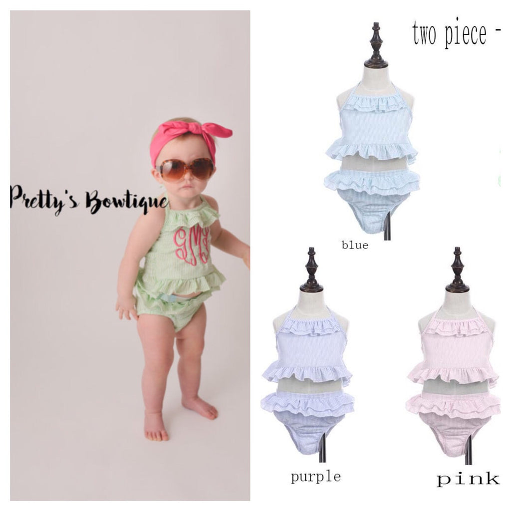 Girls Monogrammed Swimsuit -- Seersucker Bikini- Ruffled Baby Swimsuit --2 pc Girls- Monogrammed Bathing Suit-- 12M through 5/6 - Pretty's Bowtique