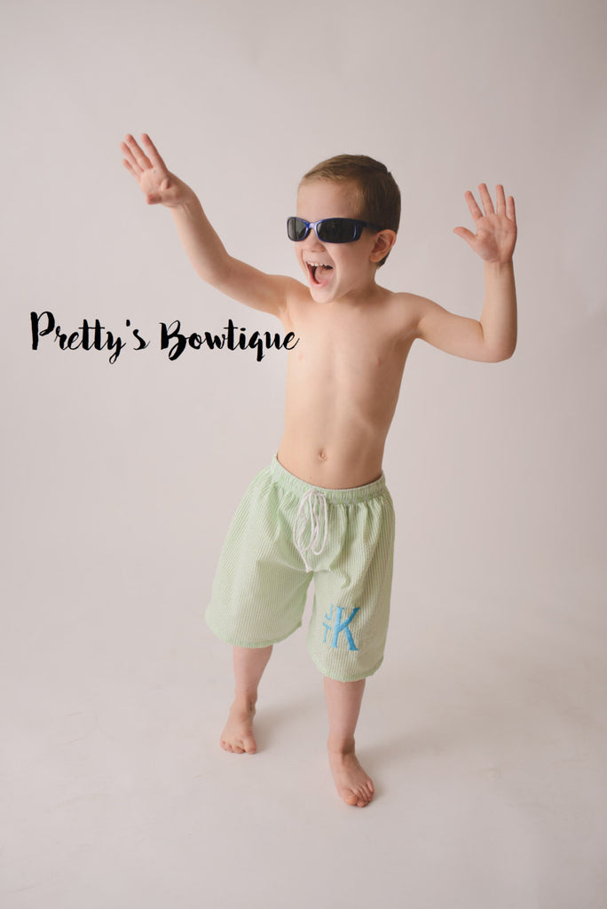 Boys Monogrammed Swimsuit -- Seersucker Boys Swim trunks- Baby Boy Swimsuit --Boys swim- Monogrammed Bathing Suit-- 12M through 5/6 - Pretty's Bowtique