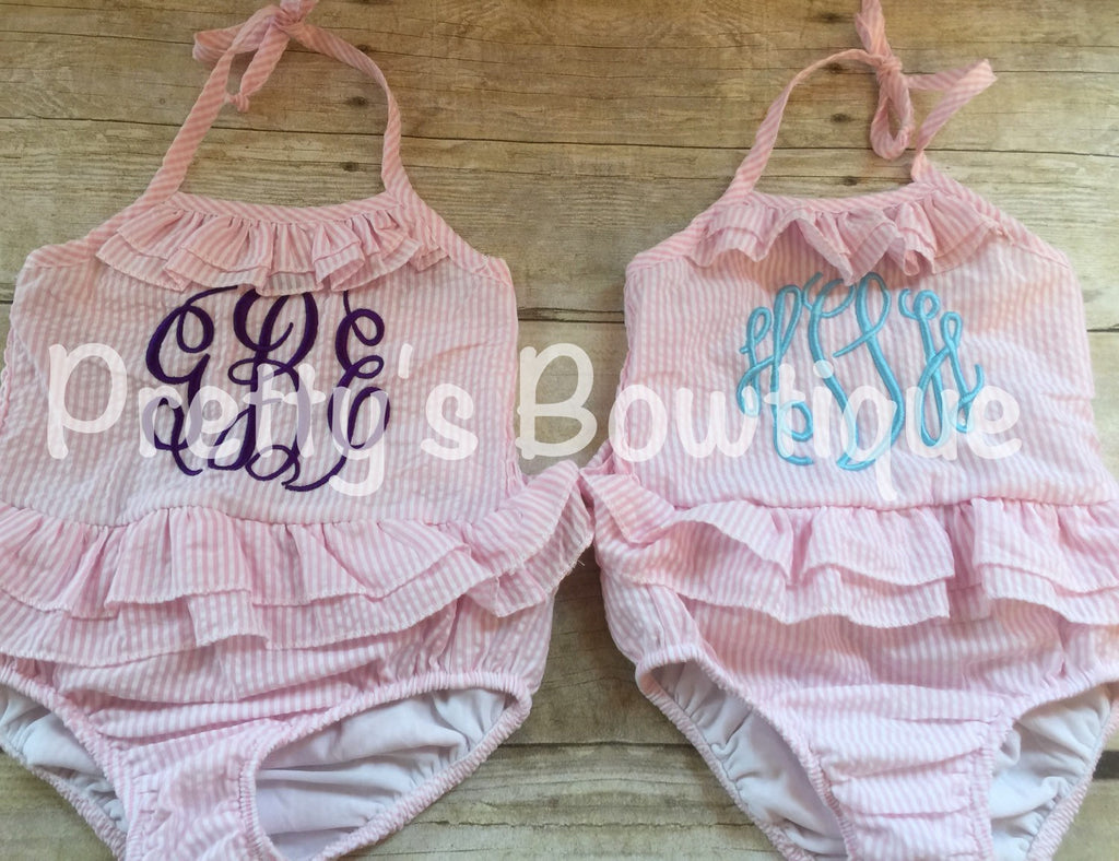 Girls Monogrammed Swimsuit -- Seersucker Swimsuit- Ruffled Baby Swimsuit -- One piece Girls- Monogrammed Bathing Suit-- 12M through 5/6 - Pretty's Bowtique