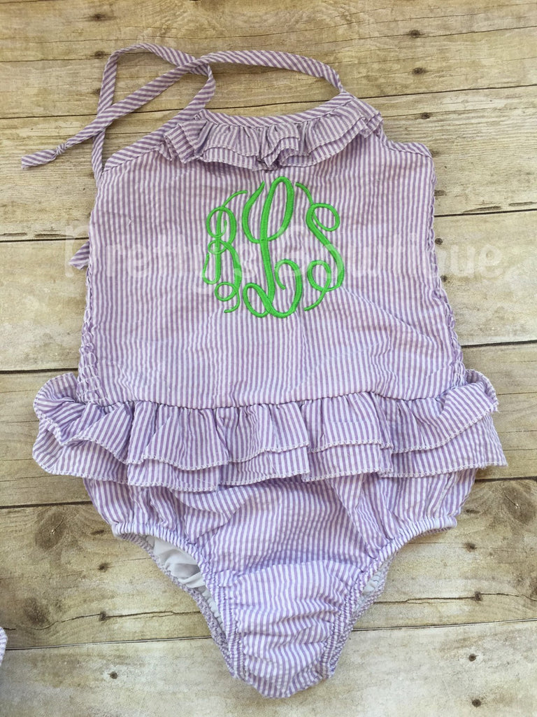 Girls Monogrammed Swimsuit -- Seersucker Swimsuit- Ruffled Baby Swimsuit -- One piece Girls- Monogrammed Bathing Suit-- 12M through 5/6 - Pretty's Bowtique