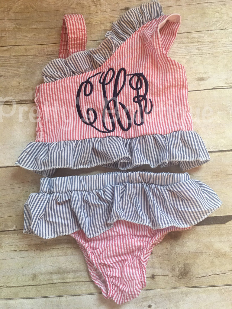 Girls Monogrammed Swimsuit -- Seersucker Bikini- Ruffled Baby Swimsuit --2 pc Girls- Monogrammed Bathing Suit-- 12M through 5/6 - Pretty's Bowtique