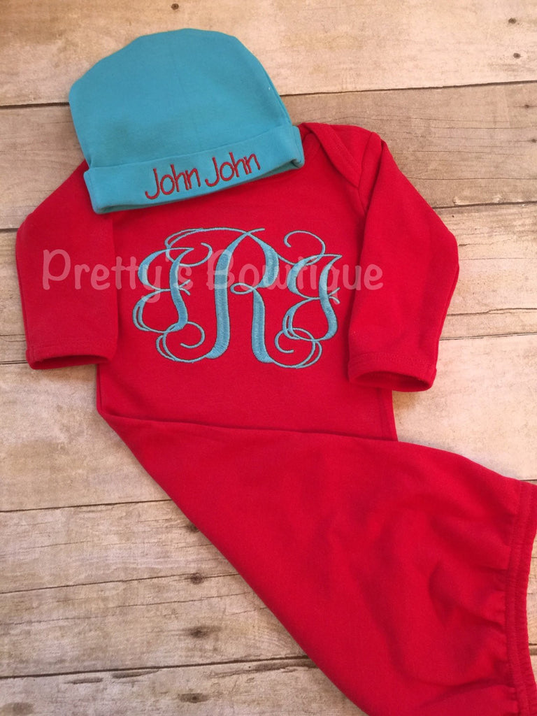Baby boy coming home outfit -- monogrammed gown-- Monogramed newborn gown and hat -- baby shower gift - Pretty's Bowtique