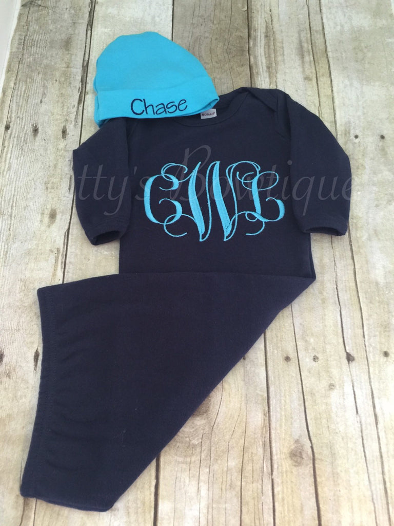 Newborn boy coming home outfit -- monogrammed gown-- Monogramed newborn gown and hat -- baby shower gift - Pretty's Bowtique
