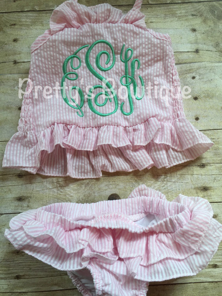 Girls Monogrammed Swimsuit -- Seersucker Bikini- Ruffled Baby Swimsuit --2 pc Girls- Monogrammed Bathing Suit-- 12M through 5/6 - Pretty's Bowtique