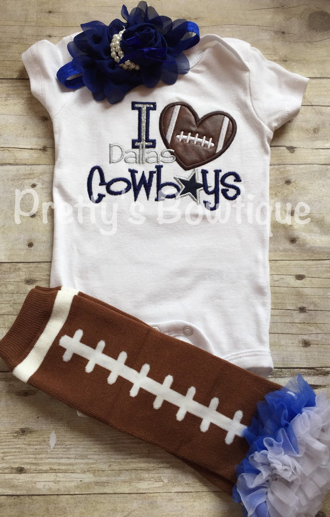 Girl Cowboys football outfit-- Girls Football Shirt-- Ruffled football leg warmers and headband -- Any team or colors -- i love dallas - Pretty's Bowtique