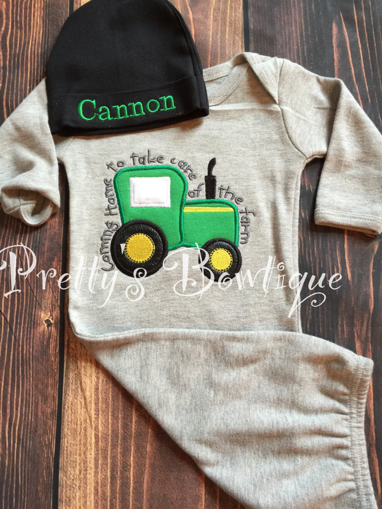 Newborn baby Boy gown and Hat Set Personalized with Name - Coming Home Farm Baby Outfit -- Farm outfit -- - Pretty's Bowtique