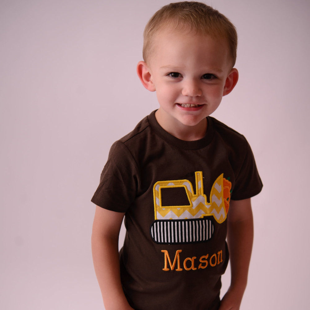 Boys Fall shirt-- Pumpkin Bulldozer Shirt or Baby Bodysuit Personalized with Name –- Sizes 3M to Youth XL-- Bulldozer Shirt - Pretty's Bowtique
