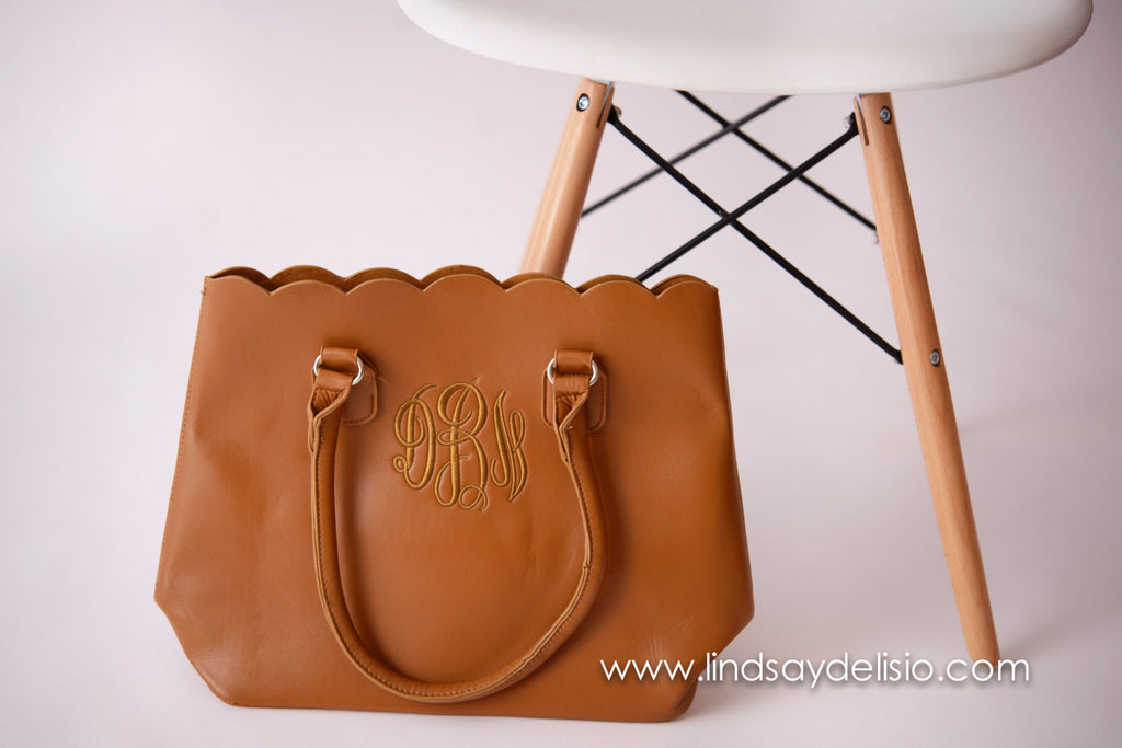 Faux Leather Tote with Scalloped Edging and Monogram in Black, White, Brown or Dark Brown - Pretty's Bowtique