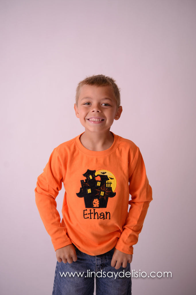 Boys Halloween shirt or bodysuit - haunted house with moon and bats- boys shirt or bodysuit personalized - Pretty's Bowtique