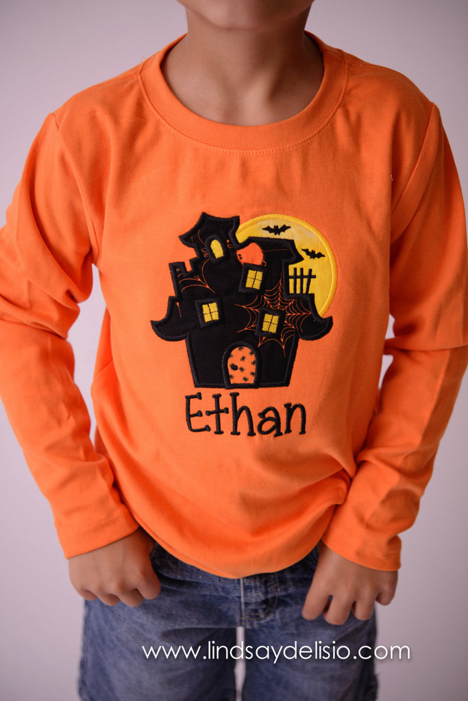 Boys Halloween shirt or bodysuit - haunted house with moon and bats- boys shirt or bodysuit personalized - Pretty's Bowtique