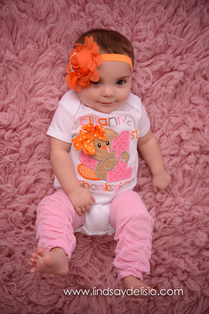 Baby Girl 1st Thanksgiving Outfit – Turkey Embroidered Bodysuit, Headband & Legwarmers Set Personalized with Name - Pretty's Bowtique