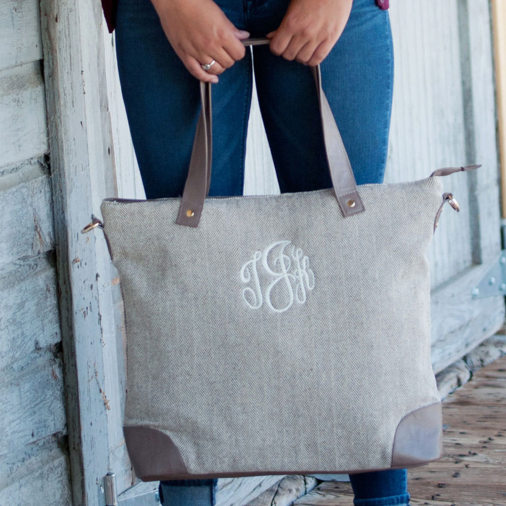 Monogram Bag – Herringbone Bag with Faux Leather Accents and Embroidered Initials - Pretty's Bowtique