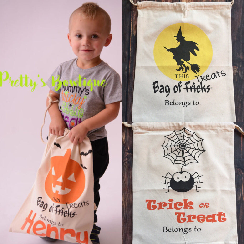 Personalized Halloween Sack with Drawstring - Trick or Treat Bag- Halloween Tote– 3 Designs Available - Pretty's Bowtique
