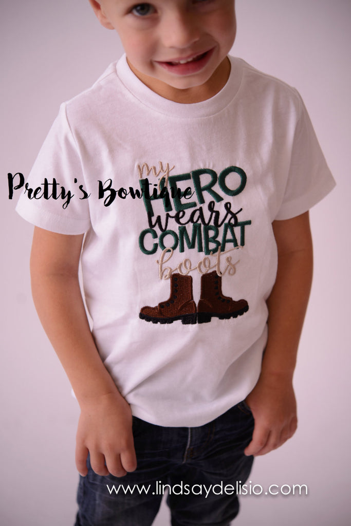 My Hero wears combat boots t-shirt or bodysuit - Embroidered Toddler T-shirt - Baby Shower Gift- Military Son/Daughter- Military T shirt - Pretty's Bowtique