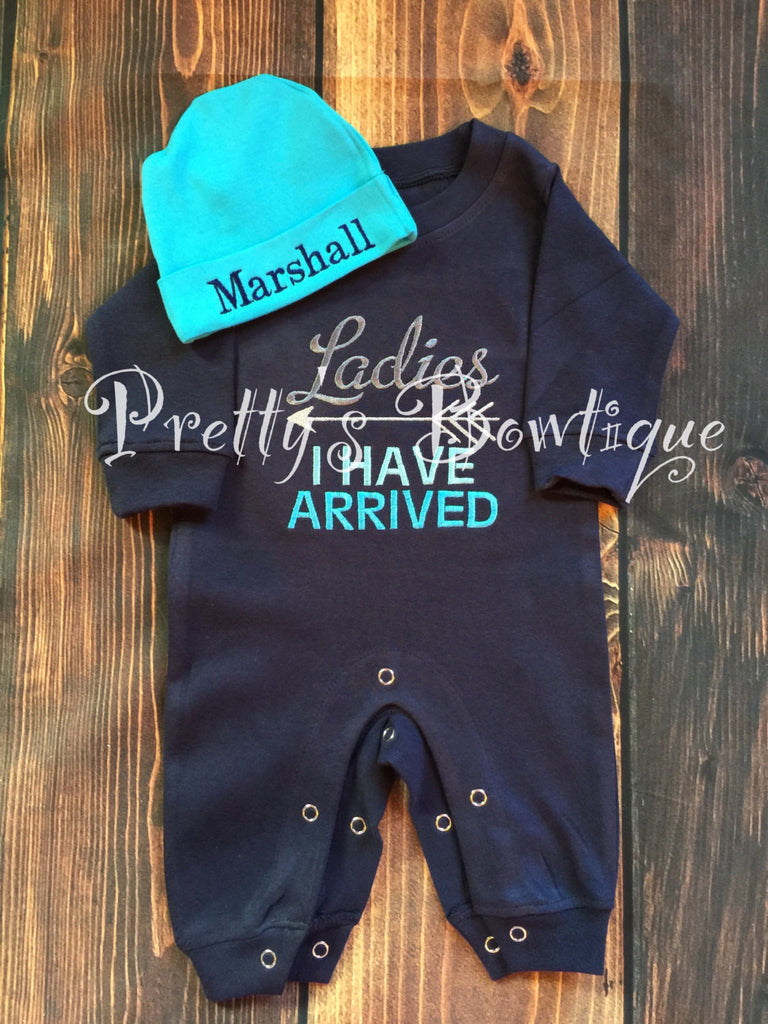 Baby Boy Coming Home Outfit -- Ladies i have arrived Romper & Hat with Embroidered Name - Pretty's Bowtique