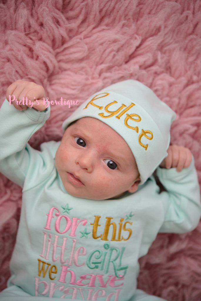 Newborn girl coming home outfit -  For this Little girl I or we have Prayed gown and hat -- Coming home outfit baby girl -- For this child - Pretty's Bowtique