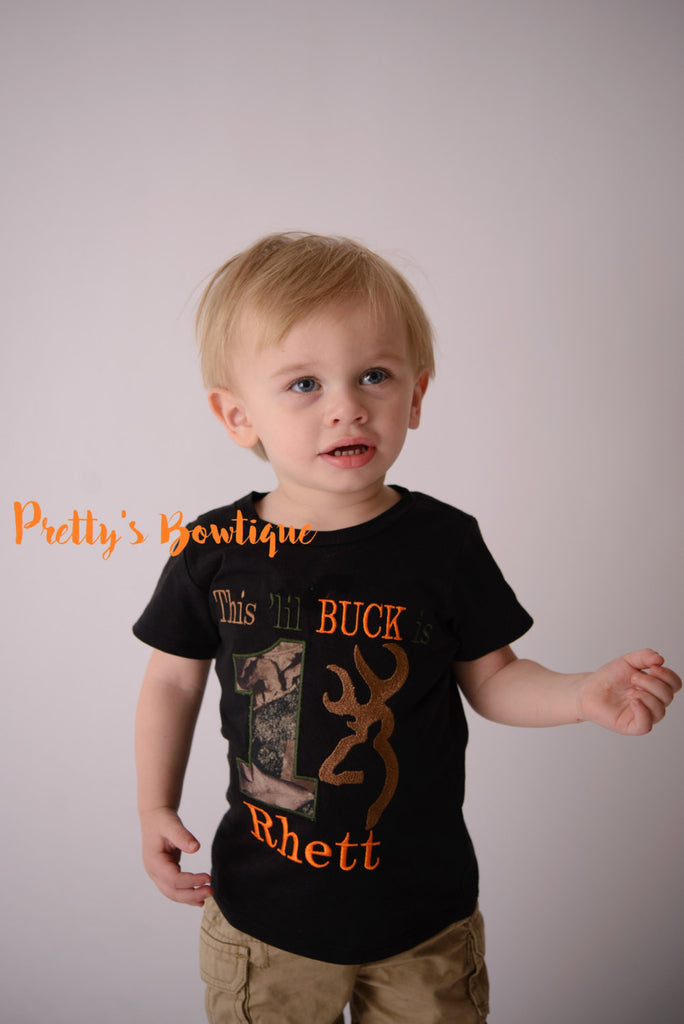 1st Birthday Camo Boy Bodysuit / T Shirt Customizable for Any Age, Personalized with Name -- This lil Buck is one - Pretty's Bowtique