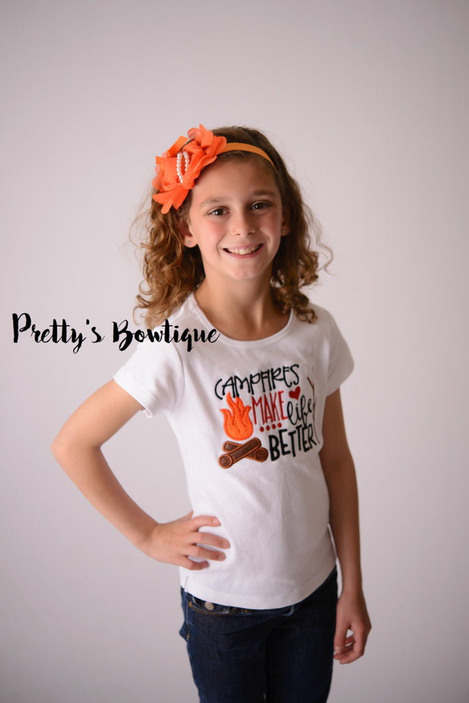 Campfires make life better-- Girls Camping shirt-- Camping bodysuit/Shirt -- Girls flower Headband -- Camp Shirt-- - Pretty's Bowtique