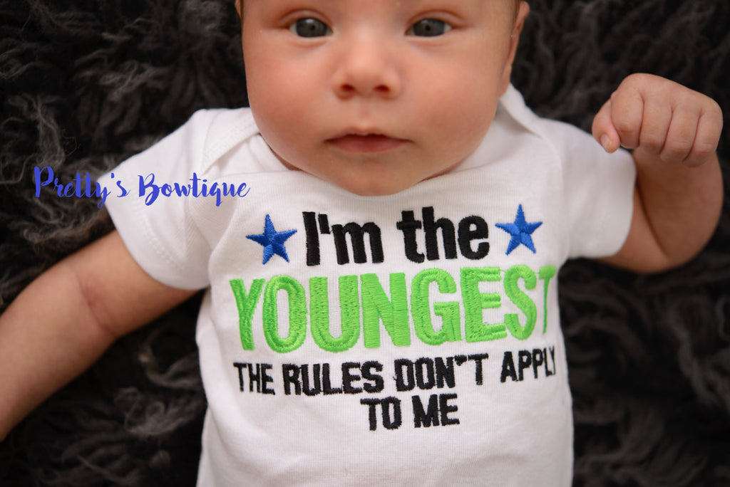 Sibling Shirts -- I'm the Youngest Rules Don't Apply to Me T Shirt or Bodysuit for Boy or Girl – Newborn to Youth 14 - Pretty's Bowtique