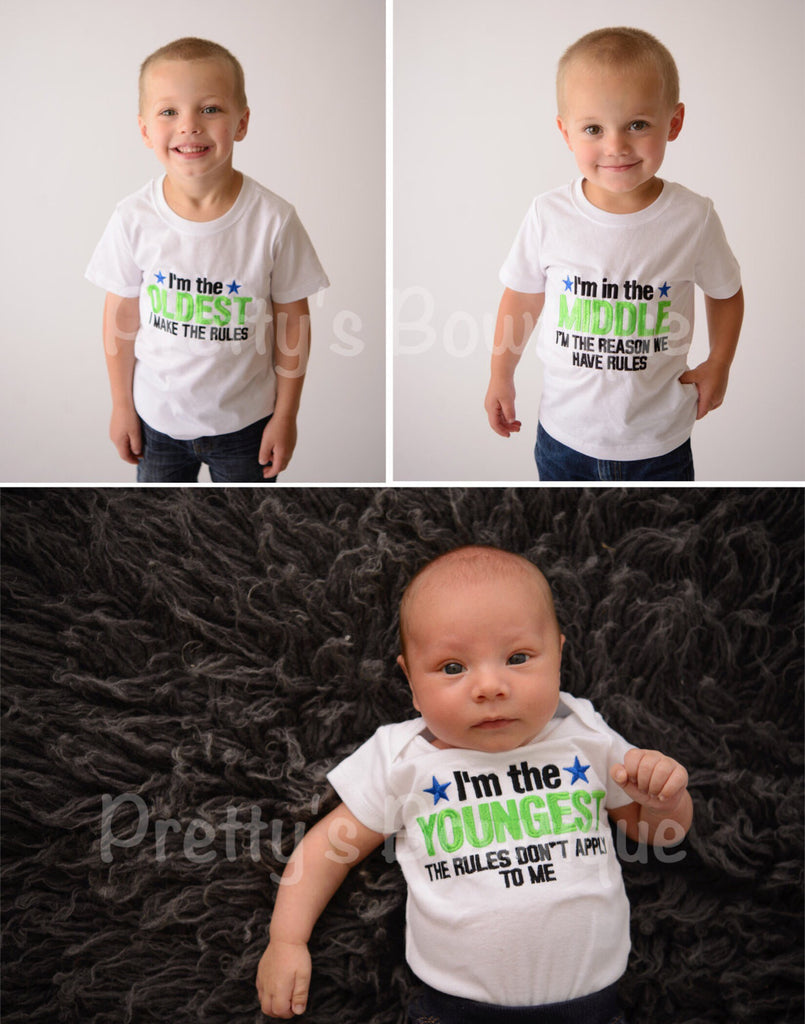 Sibling Shirts -- I'm the Youngest Rules Don't Apply to Me T Shirt or Bodysuit for Boy or Girl – Newborn to Youth 14 - Pretty's Bowtique