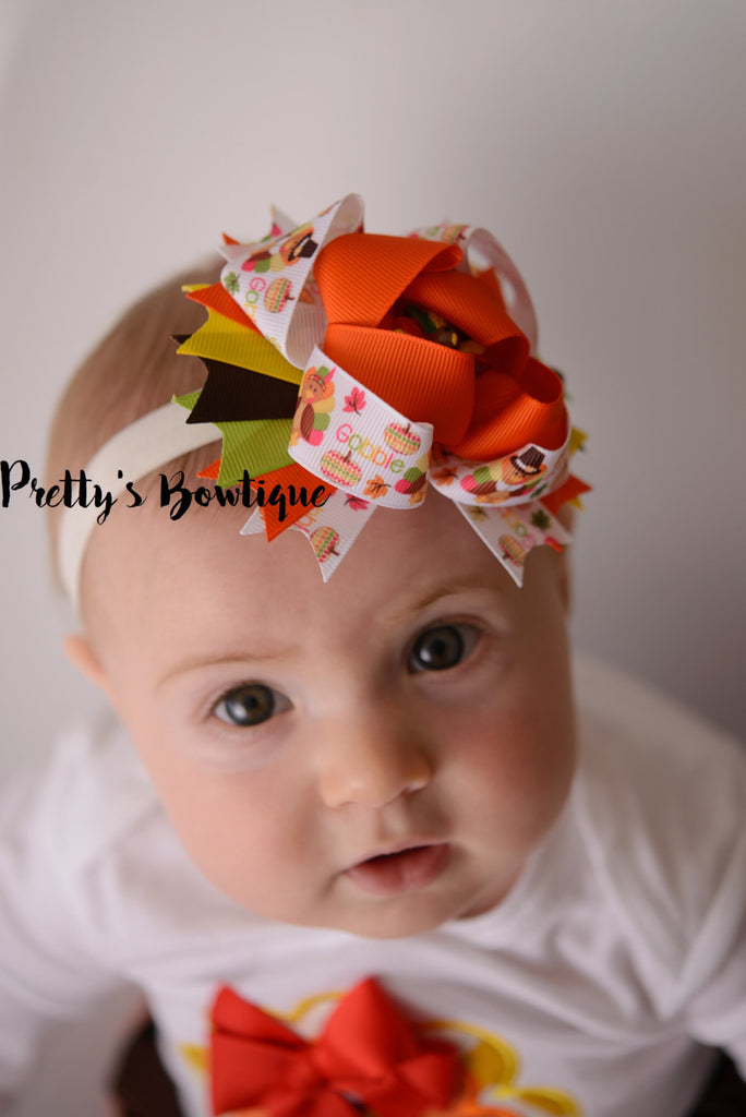 Thanksgiving Bow -- Turkey Bow -- Gobble Bow-- Fall Bow-- Girls OTT bow - Pretty's Bowtique