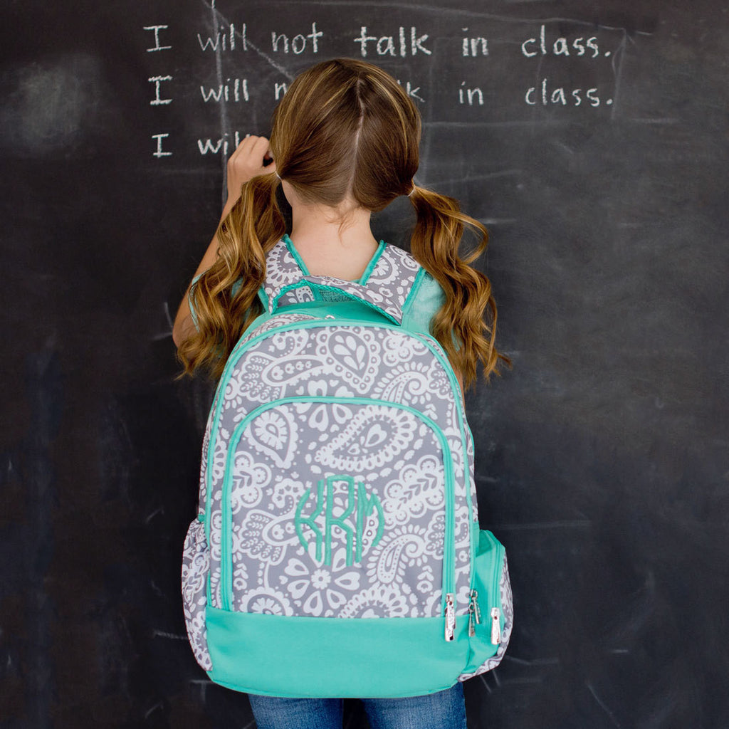Monogrammed Backpack-- Book bag Monogrammed -- Lunch Box monogram-- Personalized bag-- Monogrammed Bookbag and Lunch Box-- Paisley -- Aqua - Pretty's Bowtique