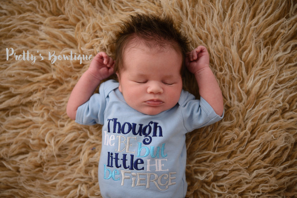 Baby Boy Outfit -- Take home outfit- Though he be but little he be fierce little-- Bodysuit -- Gown -- Romper- Hat with Embroidered - Pretty's Bowtique