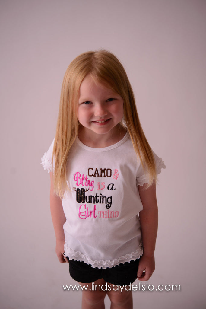 Camo and Bling it's a hunting girl thing t shirt or bodysuit - PINK - Can customize colors -- Girls Camo Shirt - Pretty's Bowtique