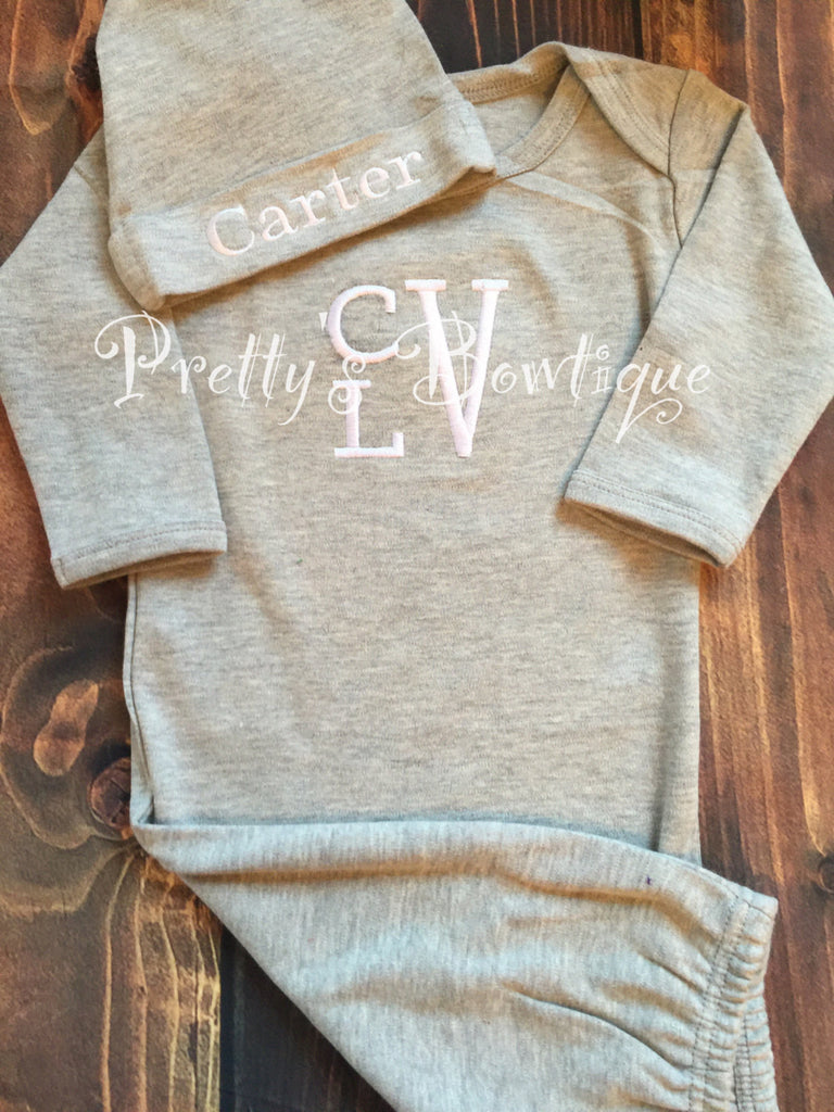 Boys Coming home outfit  Monogram gown and hat - Monogramed newborn gown and gown - Pretty's Bowtique