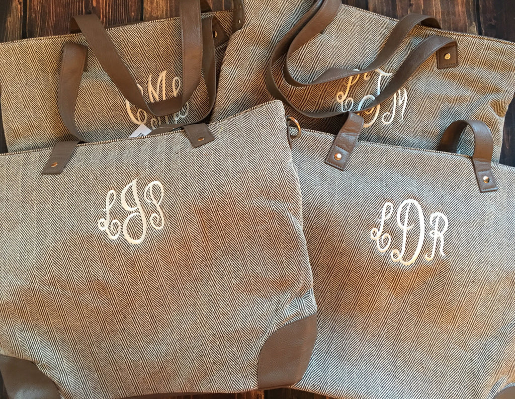 Monogram Bag – Herringbone Bag with Faux Leather Accents and Embroidered Initials - Pretty's Bowtique