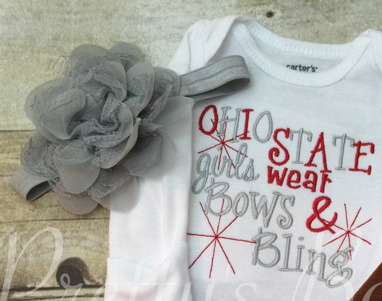 Ohio State inspired girls like bling bodysuit set with headband - Pretty's Bowtique