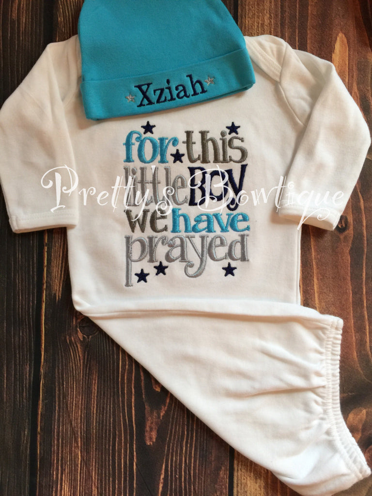 Baby Boy coming home outfit-- For this Little boy I or we have Prayed gown and hat -- take home outfit -- For this child I have prayed - Pretty's Bowtique