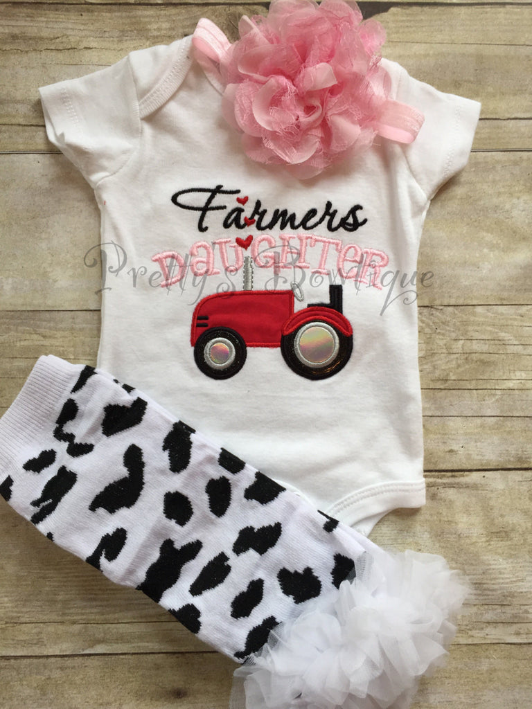 Farmer's Daughter bodysuit or t shirt, headband, and legwarmers.  Can customize wording and colors - Pretty's Bowtique
