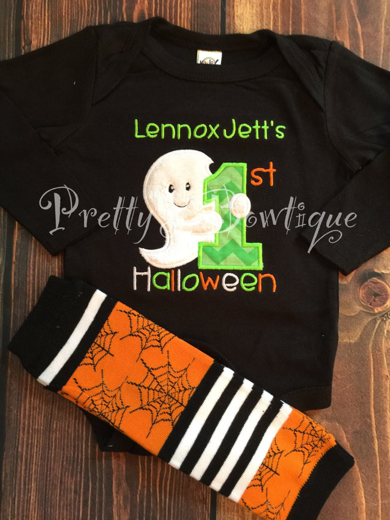 Boys 1st Halloween Outfit with Ghost Bodysuit or T-Shirt and Legwarmers in Sizes 3M to 24 Months - Pretty's Bowtique