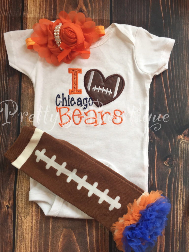 Girl Bears football outfit-- Girls Football Shirt-- Ruffled football leg warmers and headband -- Any team or colors -- i love chicago - Pretty's Bowtique