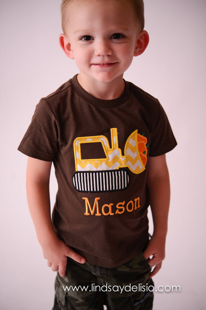 Boys Fall shirt-- Pumpkin Bulldozer Shirt or Baby Bodysuit Personalized with Name –- Sizes 3M to Youth XL-- Bulldozer Shirt - Pretty's Bowtique