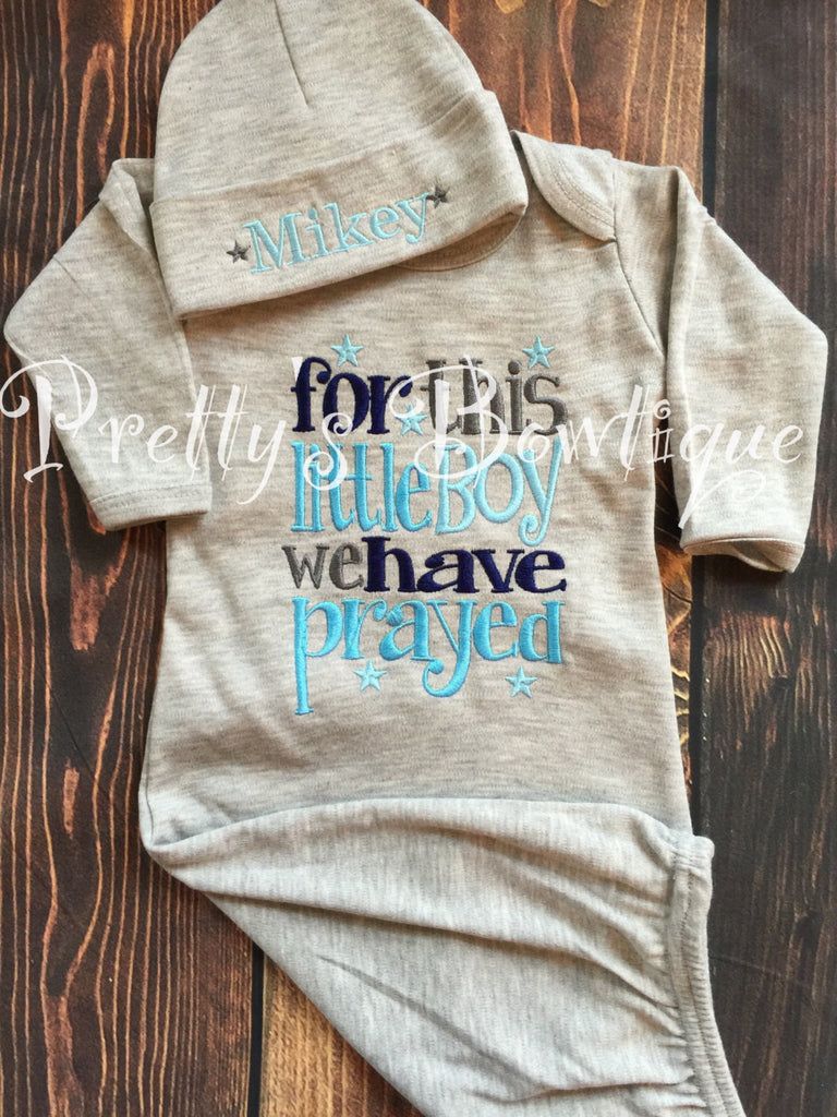 Newborn boy coming home outfit For this Little boy I or we have Prayed gown and hat -- take home outfit -- For this child I have prayed - Pretty's Bowtique