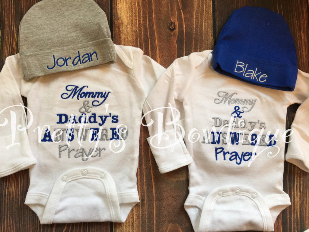 Newborn twins coming home outfits -- Mommy & Daddy's Answered Prayer bodysuit coming home shirtand personalized hat outfit boy or girl - Pretty's Bowtique