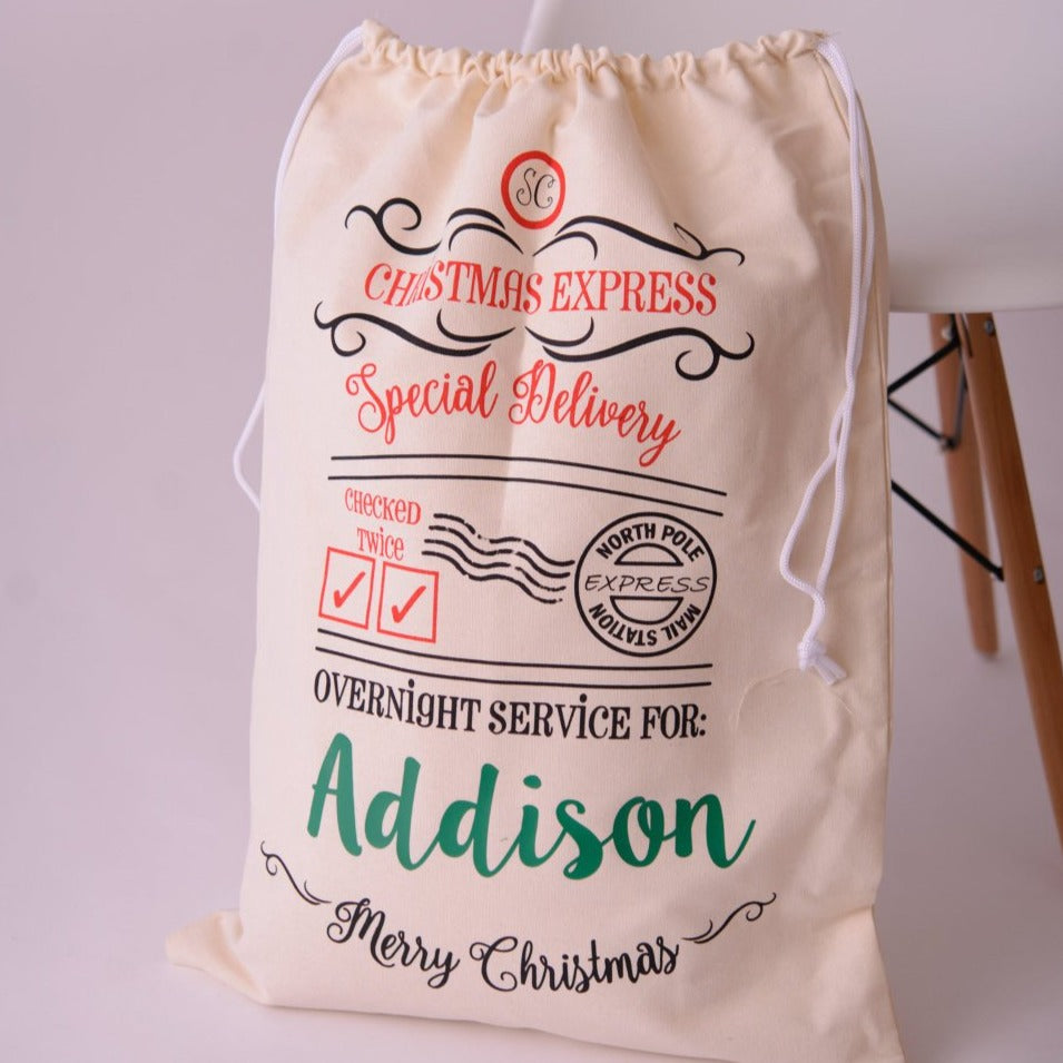 Personalized Santa Sack - Custom Name Christmas Bag-- Christmas Gift Bag -- Santa Sack -- Christmas Gift bag -- Reusable Gift Bag- - Pretty's Bowtique