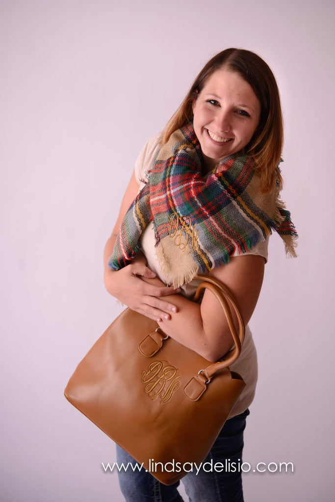 Faux Leather Tote with Scalloped Edging and Monogram in Black, White, Brown or Dark Brown - Pretty's Bowtique