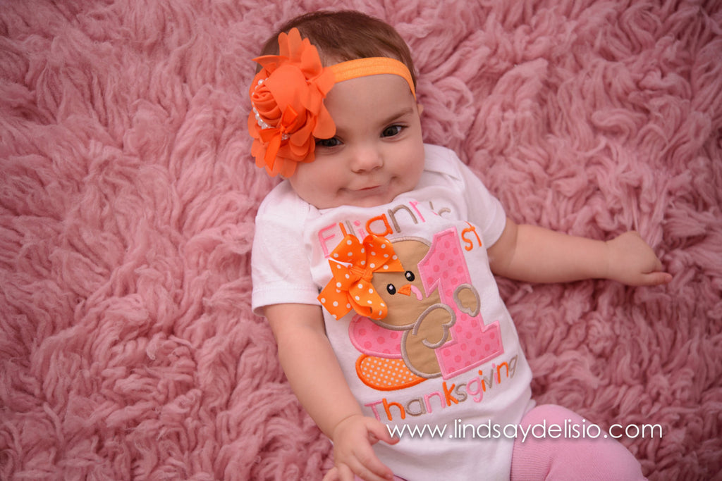 Baby Girl 1st Thanksgiving Outfit – Turkey Embroidered Bodysuit, Headband & Legwarmers Set Personalized with Name - Pretty's Bowtique