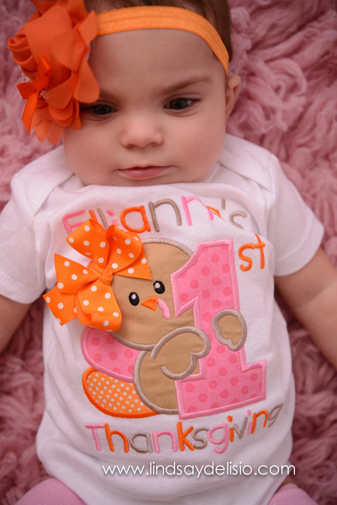 Baby Girl 1st Thanksgiving Outfit – Turkey Embroidered Bodysuit, Headband & Legwarmers Set Personalized with Name - Pretty's Bowtique