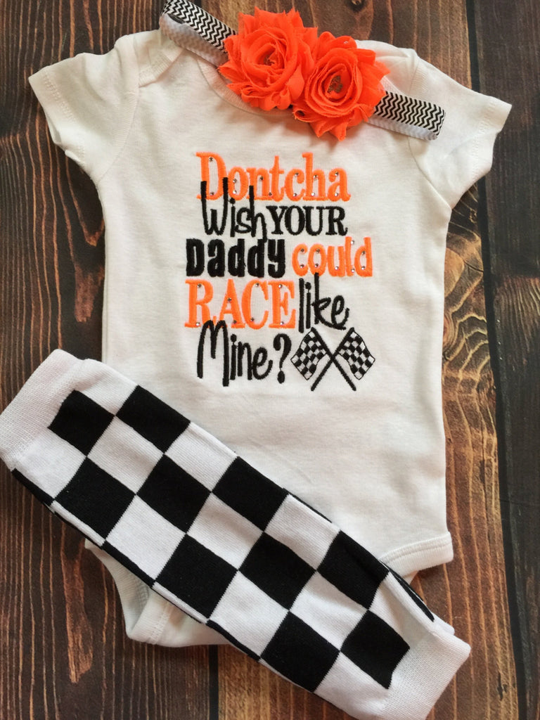 Dontcha wish your daddy could race like mine? bodysuit, leg warmers and headband.  Can customize colors - Pretty's Bowtique
