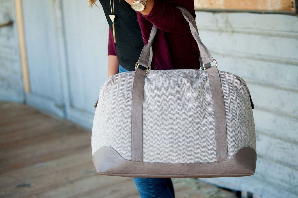 Monogram Weekender Bag in Herringbone with Gold and Faux Leather Accents - Pretty's Bowtique