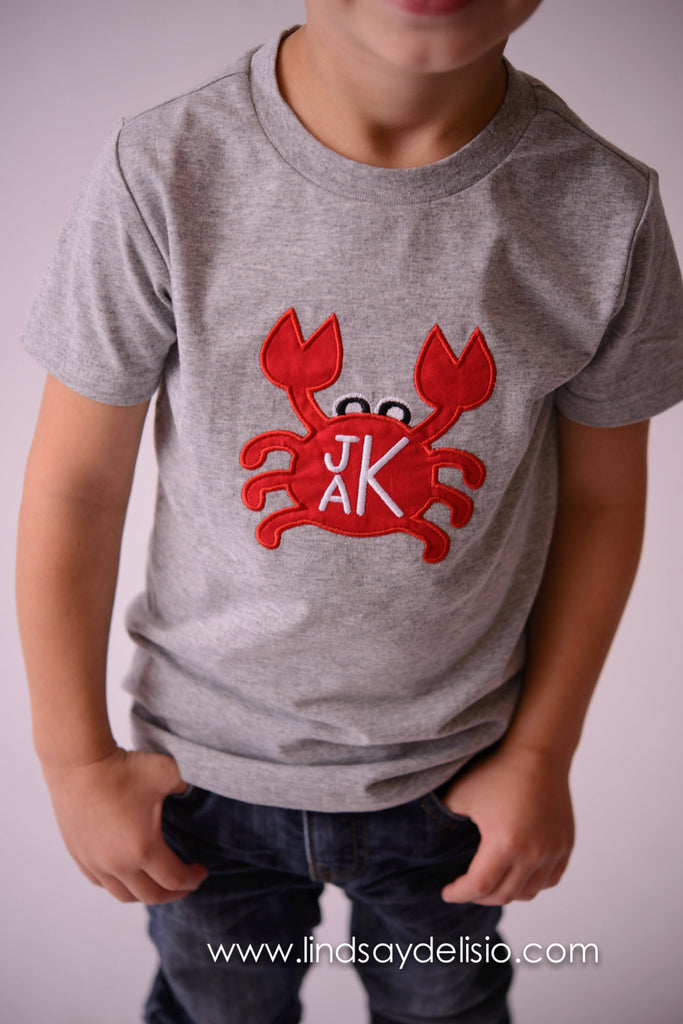 Boys Summer Beach shirt-- Boys Crab shirt-- Monogram Boys Shirt -- Monogram Boys summer crab shirt --Crab with Monogram perfect summer shirt - Pretty's Bowtique