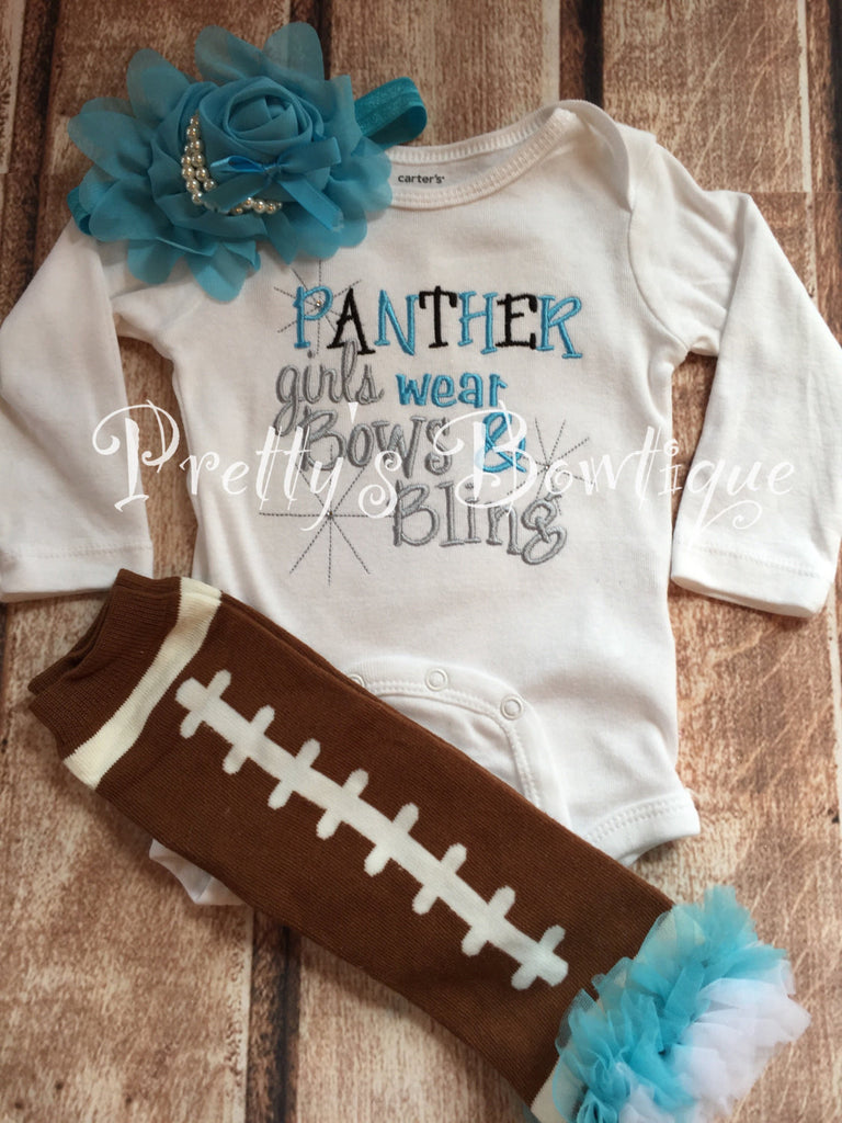 Panthers football shirt -- Panther girls like bling bodysuit set with ruffled football leg warmers and headband-- Carolina Football shirt - Pretty's Bowtique